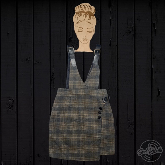 Plaid Brown Grey Grunge Skirt Overall Dress Belt Buckle Overalls - Picture 10 of 11